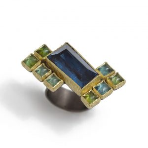 London Blue Topaz & tourmalines 18ct gold and silver ring