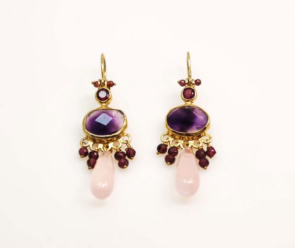 Long gold plated silver earrings with amethyst