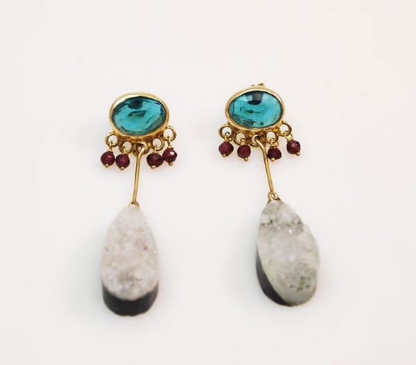 Long gold plated silver earrings with blue quartz