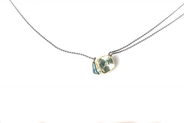 Silver & 18 ct Gold Necklace with  Green Amethyst&  Blue Topaz