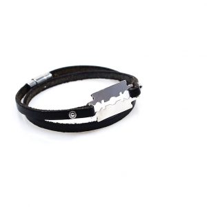 Steel Bracelet with Black Leather