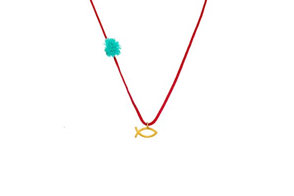 Gold  tiny fish  pendant with red thread