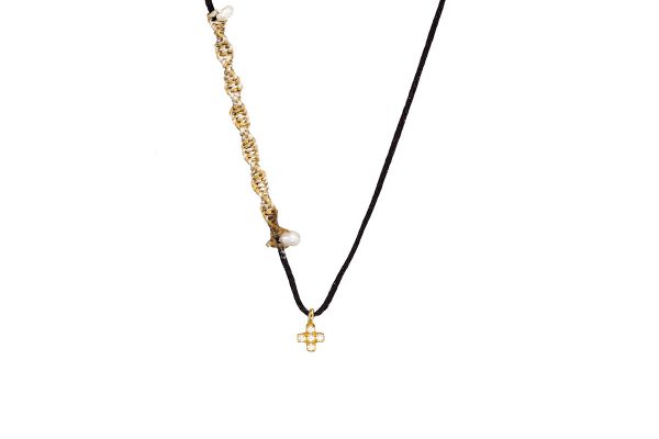 Gold  tiny cross pendant with zirgons & pearls