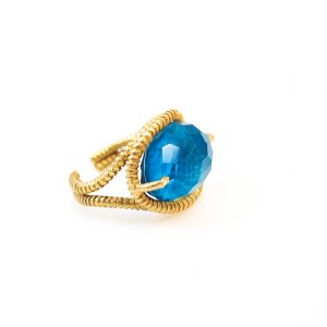 Chrysocolla and quartz gold plated silver ring