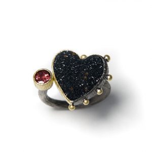 Drusy agate & tourmaline 18ct gold and silver ring