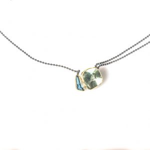 Silver & 18 ct Gold Necklace with  Green Amethyst&  Blue Topaz