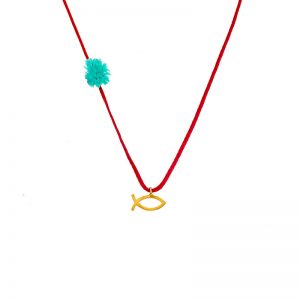Gold  tiny fish  pendant with red thread